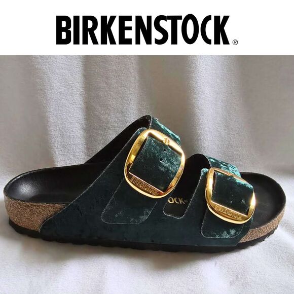 BIRKENSTOCK Arizona Size 9-9.5 Green Velvet Birko-Flor Gold Buckle Sandal EU 40 - Picture 1 of 12